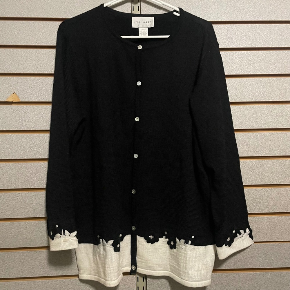 Sport Savvy‎ Black Floral Cardigan Sweater Womens Large Button Front Knit